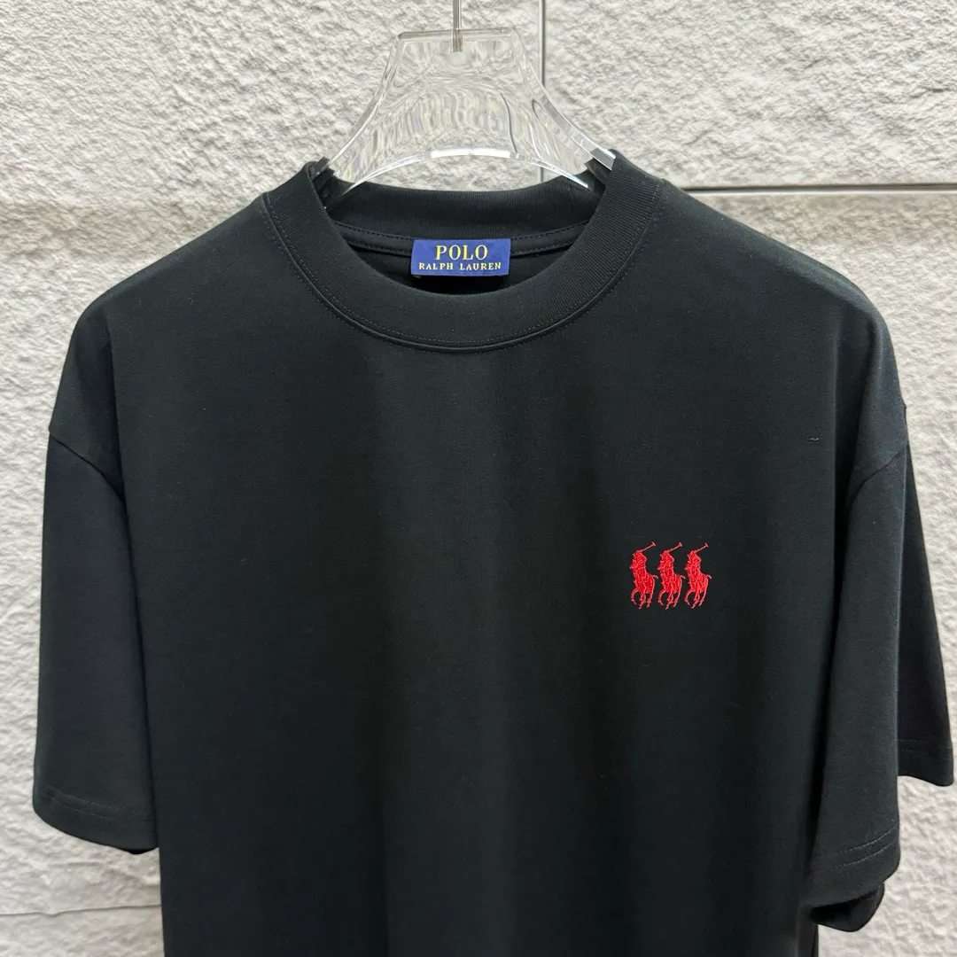 P150 Polo* Ralph Lauren 2025 spring and summer new style Classic three little pony embroidery Customized double yarn plain cotton fabric Short-sleeved T-shirt Uniform for men and women Color: black white Size: S (90-130 pounds) M (120-150 pounds) L (140-165 pounds) XL (160-180 pounds) XXL (180-210 pounds)